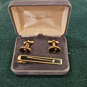 Christian Dior Gold And Onyx Golf Motiff Cufflinks and Tie Bar